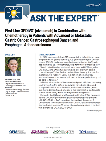 First-Line OPDIVO® (nivolumab) in Combination with Chemotherapy in Patients with Advanced or Metastatic Gastric Cancer, Gastroesophageal Cancer, and Esophageal Adenocarcinoma
